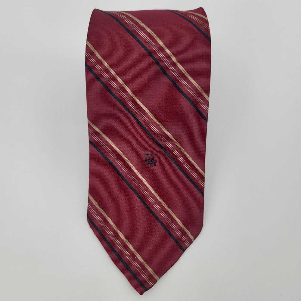 Vintage Christian Dior Silk Blend Striped Tie Burgundy Gold Navy Made In USA